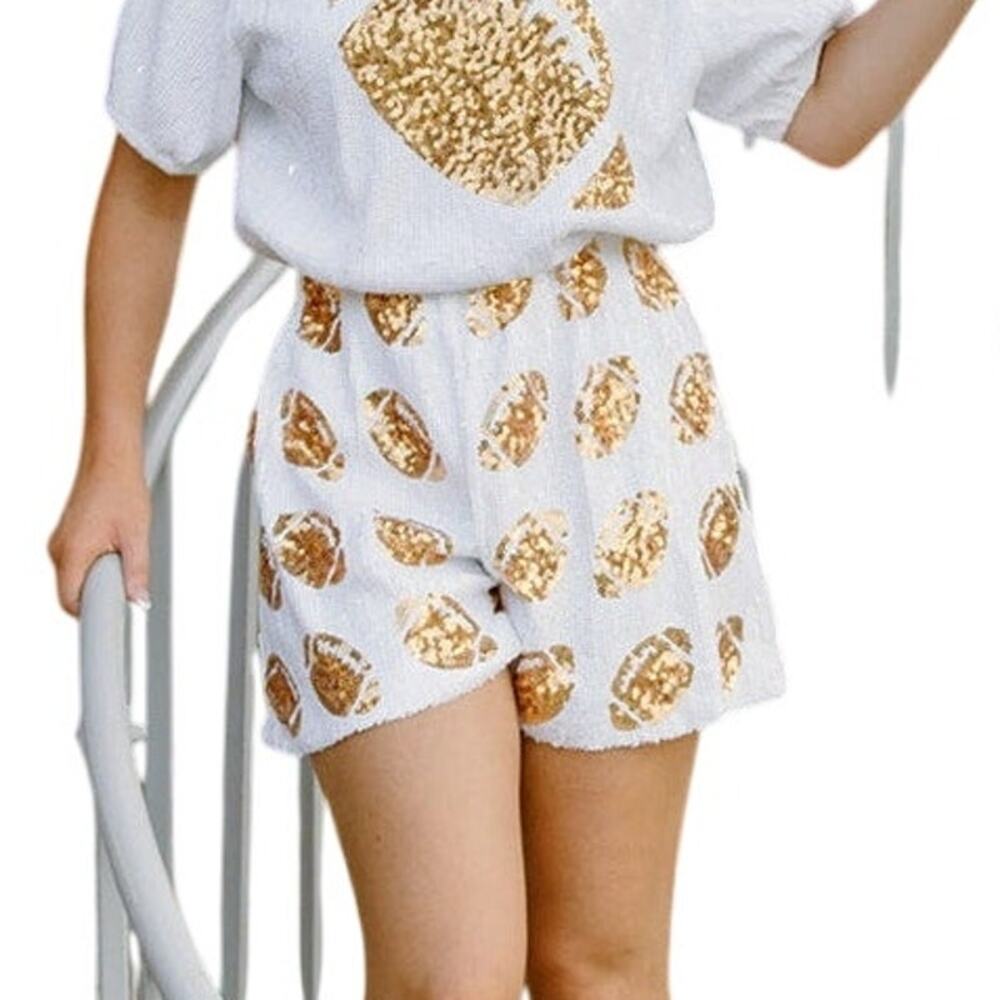 WHY DRESS NWT White & Gold Football Sequin Shorts, Size Large - Picture 5 of 13